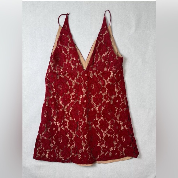 Free People Size 12 Red Love Laced Corduroy V-Neck Mini Dress - Picture 9 of 9